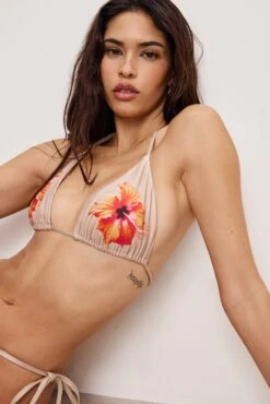 SATIN TINY TIES BIKINI TOP | CHAMPAGNE TROPICAL HIBISCUS001 -GOOD AMERICAN STORE 250204 10 GSW1232 CTH1 A 0135