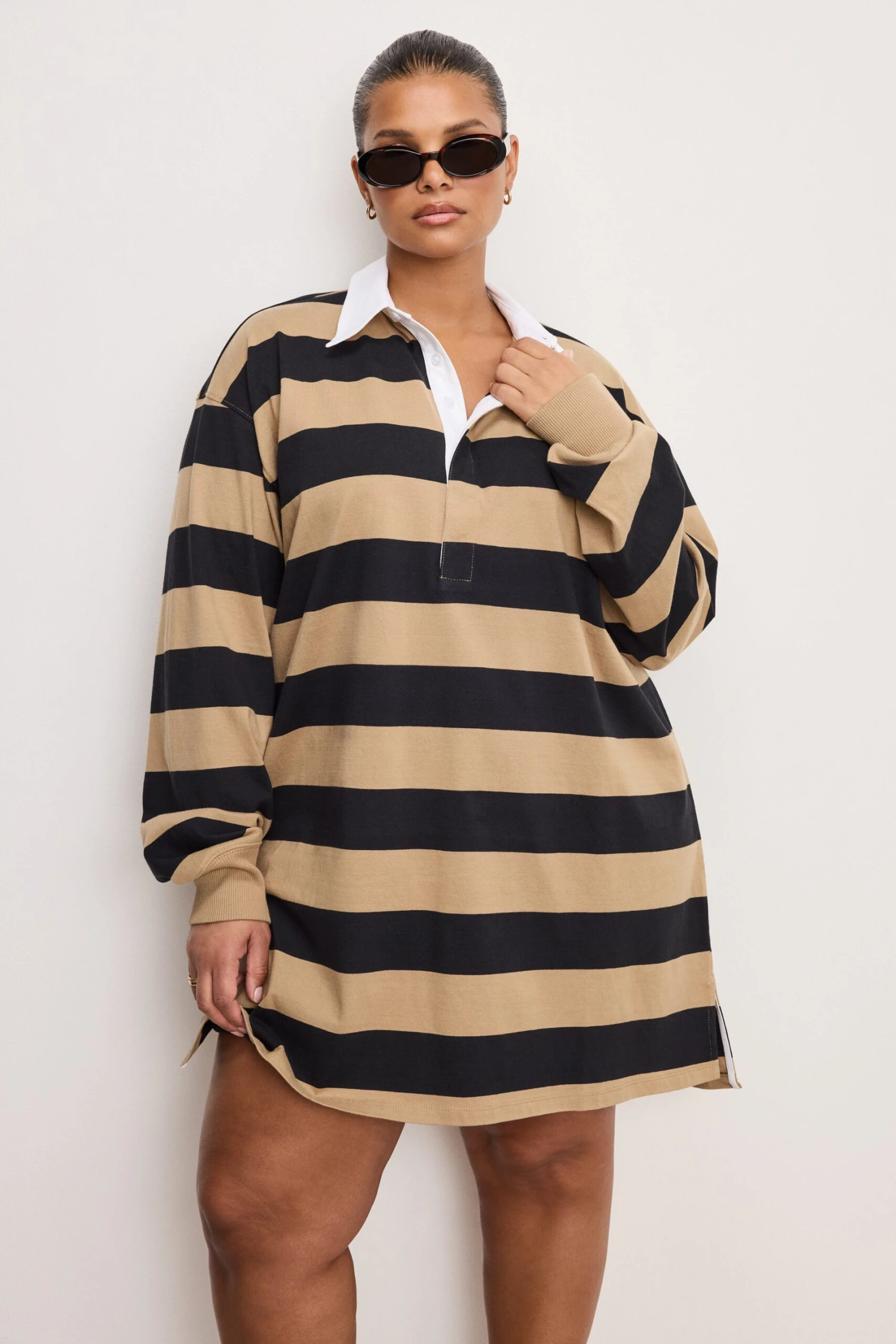 GOOD AMERICAN JERSEY POLO MINI DRESS | GOOD KHAKI AND BLACK RUGBY STRIPE001 9 GOOD AMERICAN JERSEY POLO MINI DRESS | GOOD KHAKI AND BLACK RUGBY STRIPE001 - Image 7
