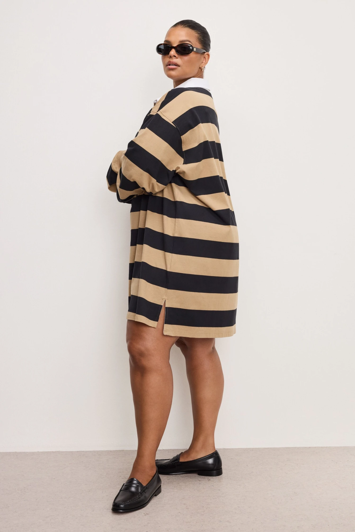 GOOD AMERICAN JERSEY POLO MINI DRESS | GOOD KHAKI AND BLACK RUGBY STRIPE001 10 GOOD AMERICAN JERSEY POLO MINI DRESS | GOOD KHAKI AND BLACK RUGBY STRIPE001 - Image 8