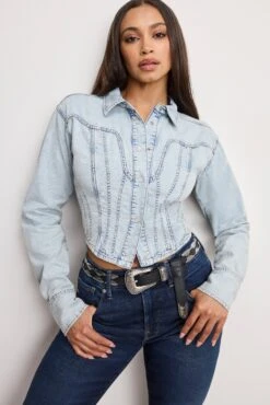 GOOD AMERICAN DOLLY DENIM CORSET SHIRT | INDIGO1021
