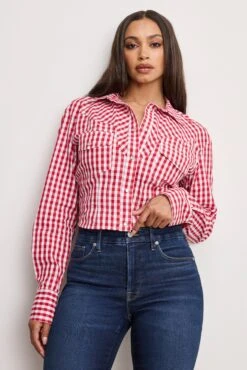 GOOD AMERICAN DOLLY COUNTRY CORSET SHIRT | CRIMSON AND WHITE GINGHAM -GOOD AMERICAN STORE 250307 19 GWT0360DP CWGN A 0139