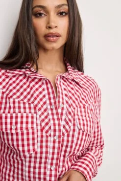 GOOD AMERICAN DOLLY COUNTRY CORSET SHIRT | CRIMSON AND WHITE GINGHAM -GOOD AMERICAN STORE 250307 19 GWT0360DP CWGN A 0173
