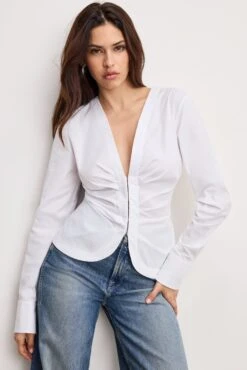 GOOD AMERICAN STORE 13 POPLIN RUCHED SHIRT | WHITE001