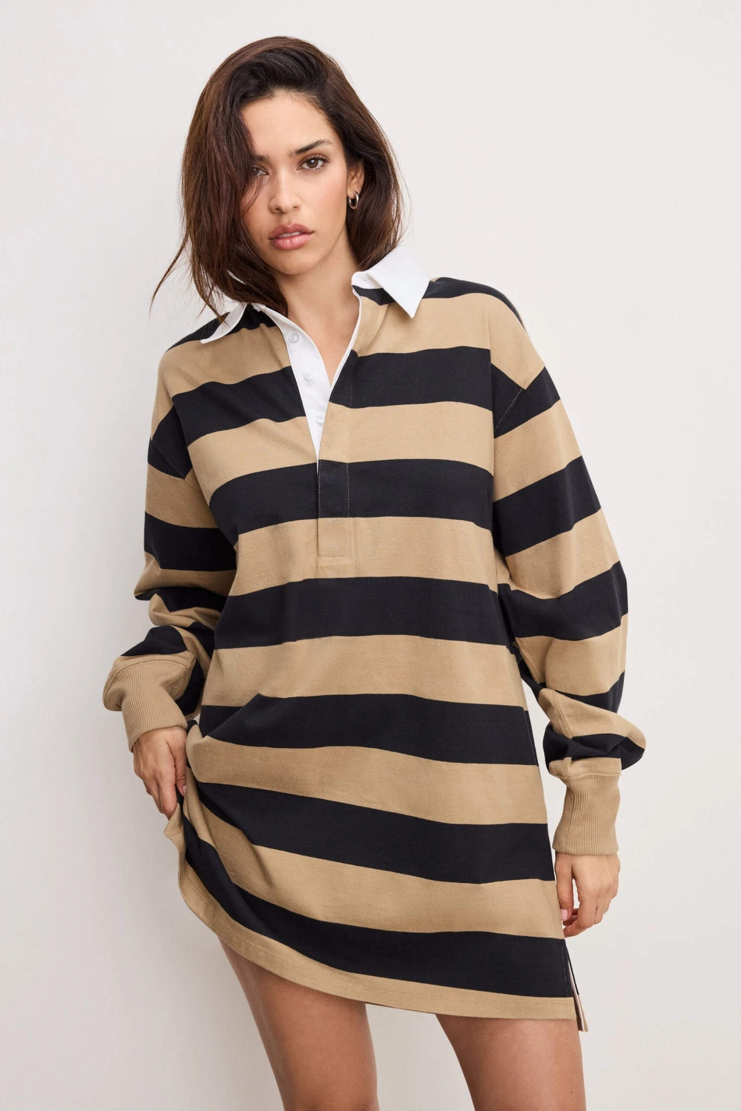 GOOD AMERICAN JERSEY POLO MINI DRESS | GOOD KHAKI AND BLACK RUGBY STRIPE001 4 GOOD AMERICAN JERSEY POLO MINI DRESS | GOOD KHAKI AND BLACK RUGBY STRIPE001 - Image 2