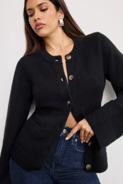 GOOD AMERICAN BUTTON FRONT KNIT CARDIGAN | BLACK001 -GOOD AMERICAN STORE 250501 03 GSK0366 K001 A 0415