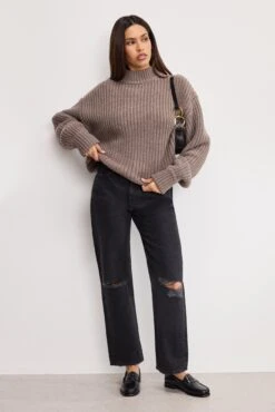 GOOD AMERICAN CHUNKY KNIT MOCK NECK SWEATER | SMOKE -GOOD AMERICAN STORE 250501 38 GSK0358 SMKO A 4844