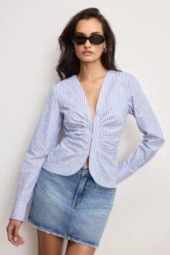 POPLIN RUCHED SHIRT | VACAY STRIPE001