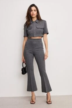 GOOD AMERICAN STORE 9 GOOD AMERICAN SOFT-STRETCH PONTE KICK FLARE PANTS | SUITING PINSTRIPE001