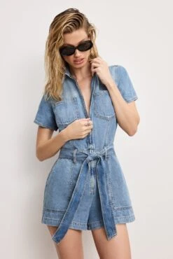 FIT FOR SUCCESS LITE LINEN DENIM SHORTS JUMPSUIT | INDIGO786