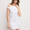 POPLIN RUCHED OFF THE SHOULDER MINI DRESS | WHITE001