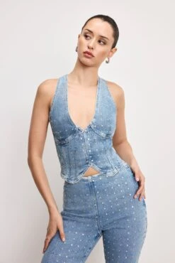 GOOD AMERICAN DOLLY CRYSTAL DENIM VEST | INDIGO1023