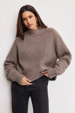 GOOD AMERICAN CHUNKY KNIT MOCK NECK SWEATER | SMOKE
