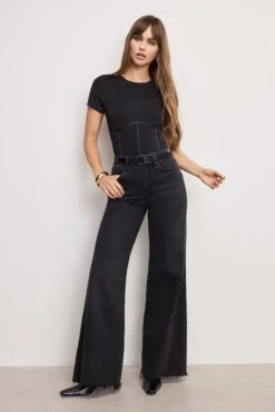 GOOD AMERICAN SOFT TECH GOOD WAIST PALAZZO JEANS | BLACK391