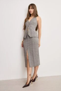 GOOD AMERICAN PLAID MIDI SKIRT | GLEN PLAID001