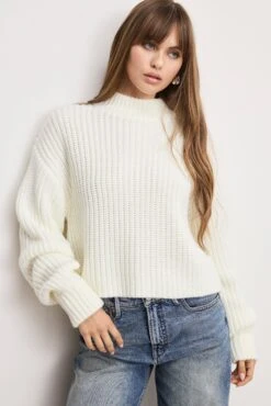 GOOD AMERICAN CHUNKY KNIT MOCK NECK SWEATER | IVORY003