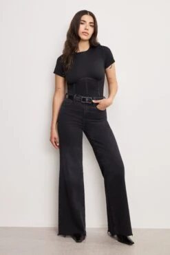 GOOD AMERICAN SOFT TECH GOOD PETITE PALAZZO JEANS | BLACK391