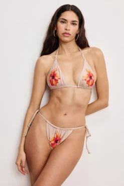 SATIN TINY TIES BIKINI TOP | CHAMPAGNE TROPICAL HIBISCUS001