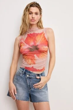 GOOD AMERICAN STORE 7 GAUZE MESH MOCK NECK TANK | MAUVE TROPICAL HIBISCUS001