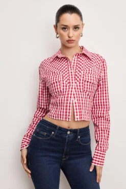 GOOD AMERICAN DOLLY COUNTRY CORSET SHIRT | CRIMSON AND WHITE GINGHAM